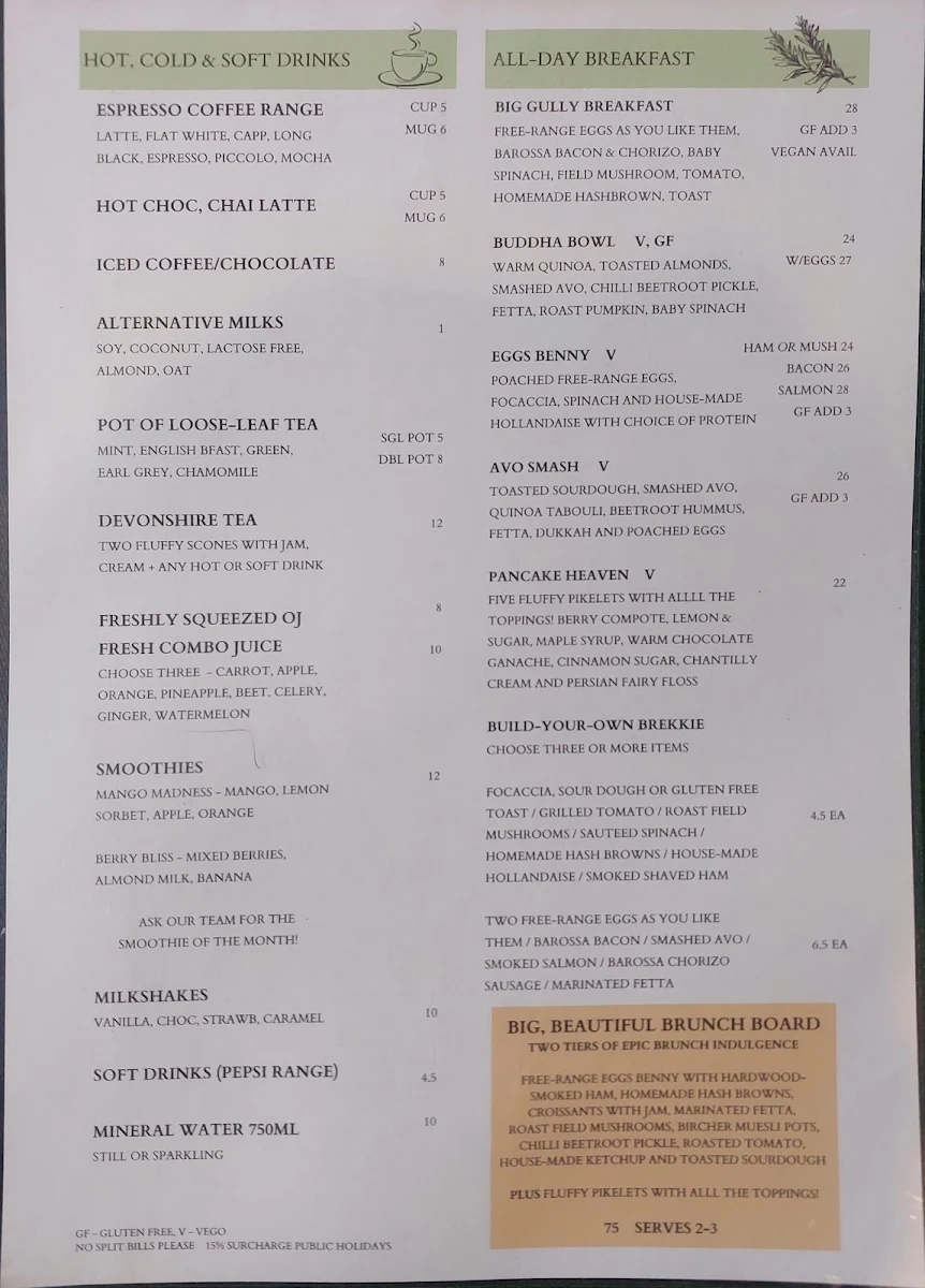Menu, Utopia @ Waterfall Gully