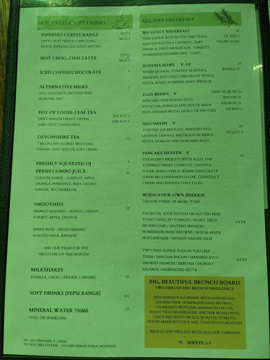 Menu, Utopia @ Waterfall Gully