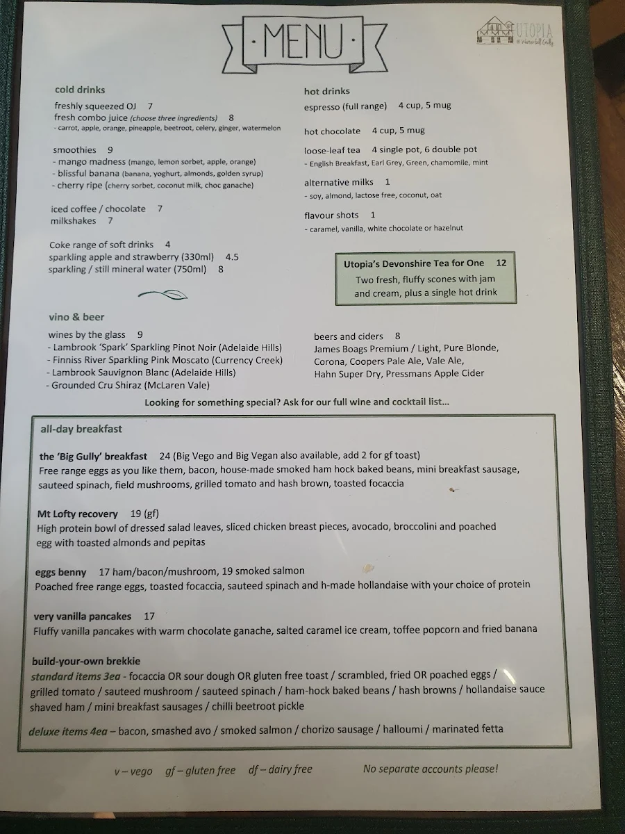 Menu, Utopia @ Waterfall Gully