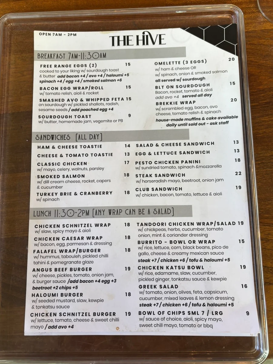 Menu, The Hive117