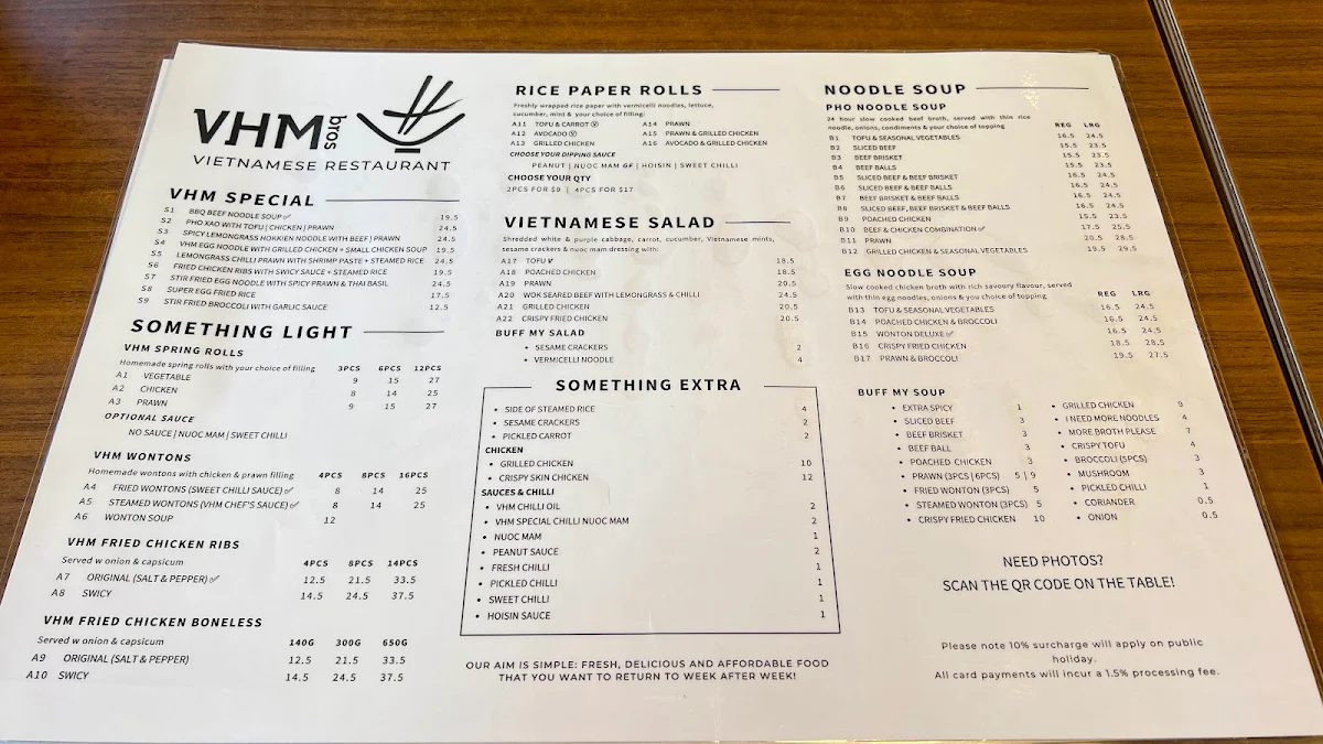 Menu, VHM Bros Craigieburn