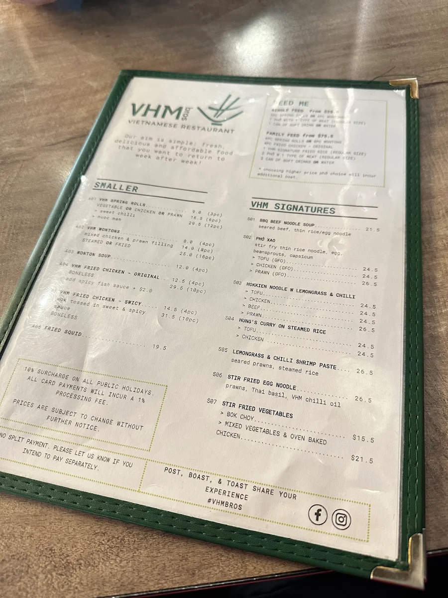 Menu, VHM Bros Craigieburn