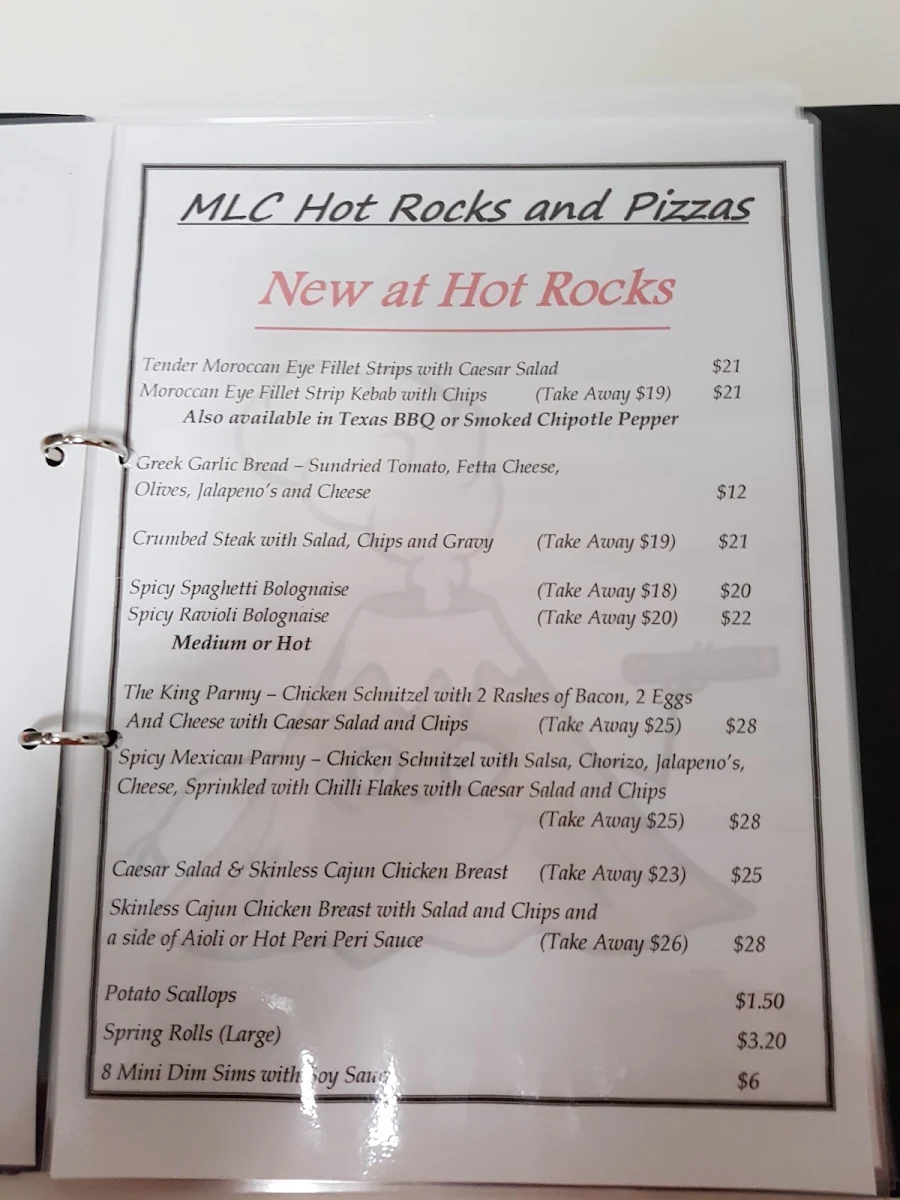Menu, MLC HOT ROCKS AND PIZZAS