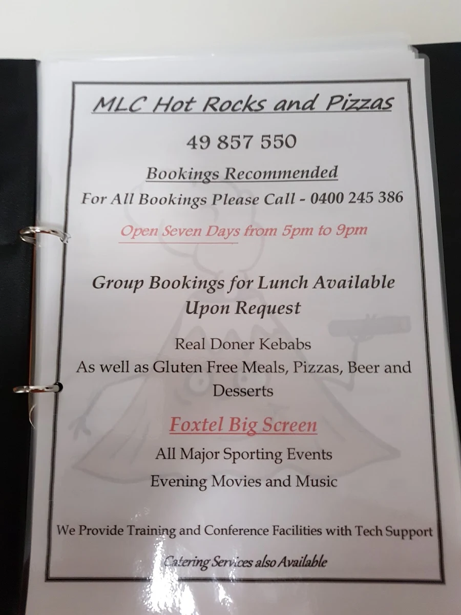 Menu, MLC HOT ROCKS AND PIZZAS