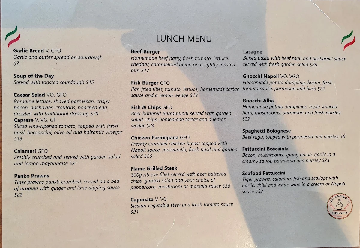 Menu, Familia Restaurant Café Gelati