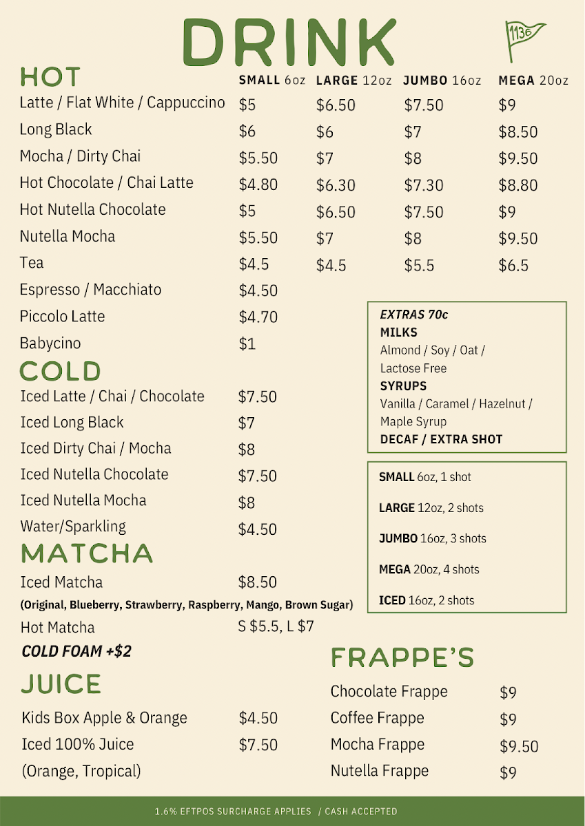 Menu, 1136 Drive Thru Coffee
