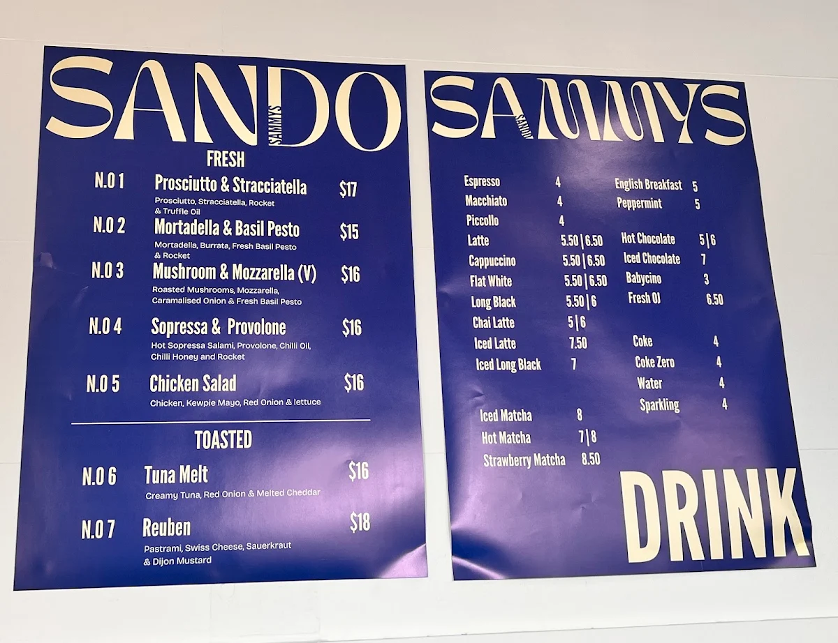 Menu, Sammy's Sando & Espresso Bar