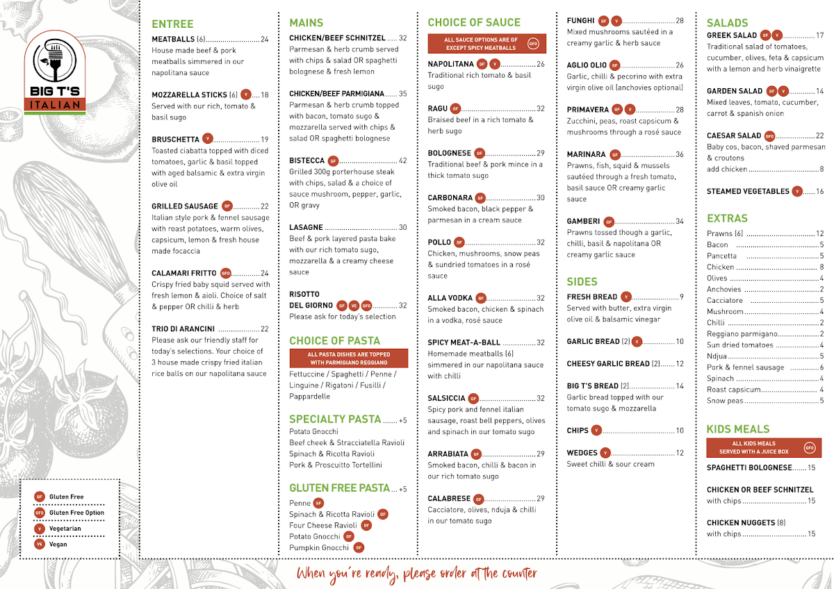 Menu, Big T's Italian Restaurant