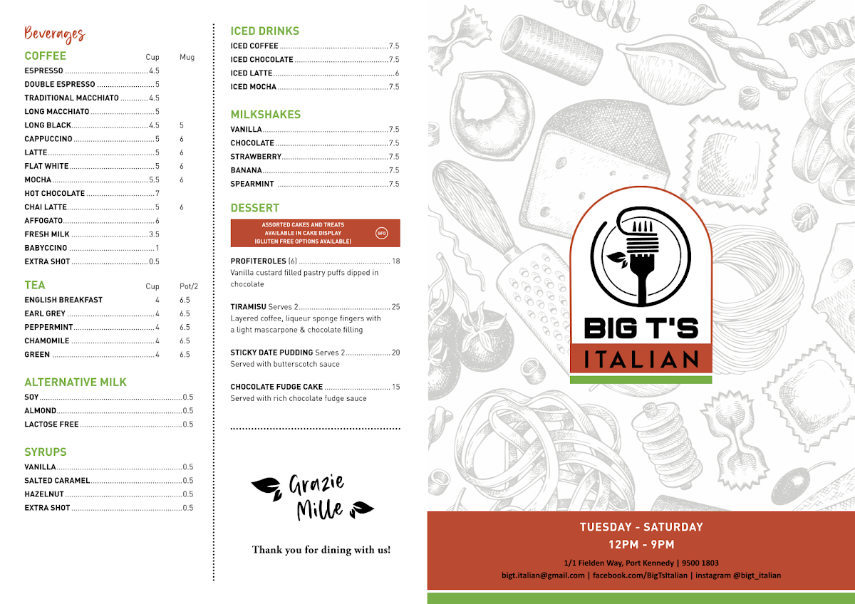 Menu, Big T's Italian Restaurant