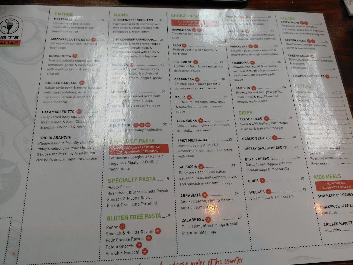Menu, Big T's Italian Restaurant
