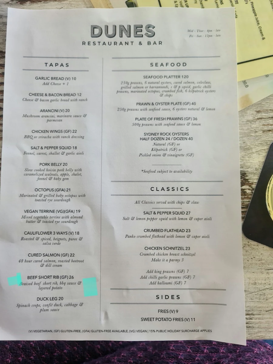 Menu, Dunes by Dish