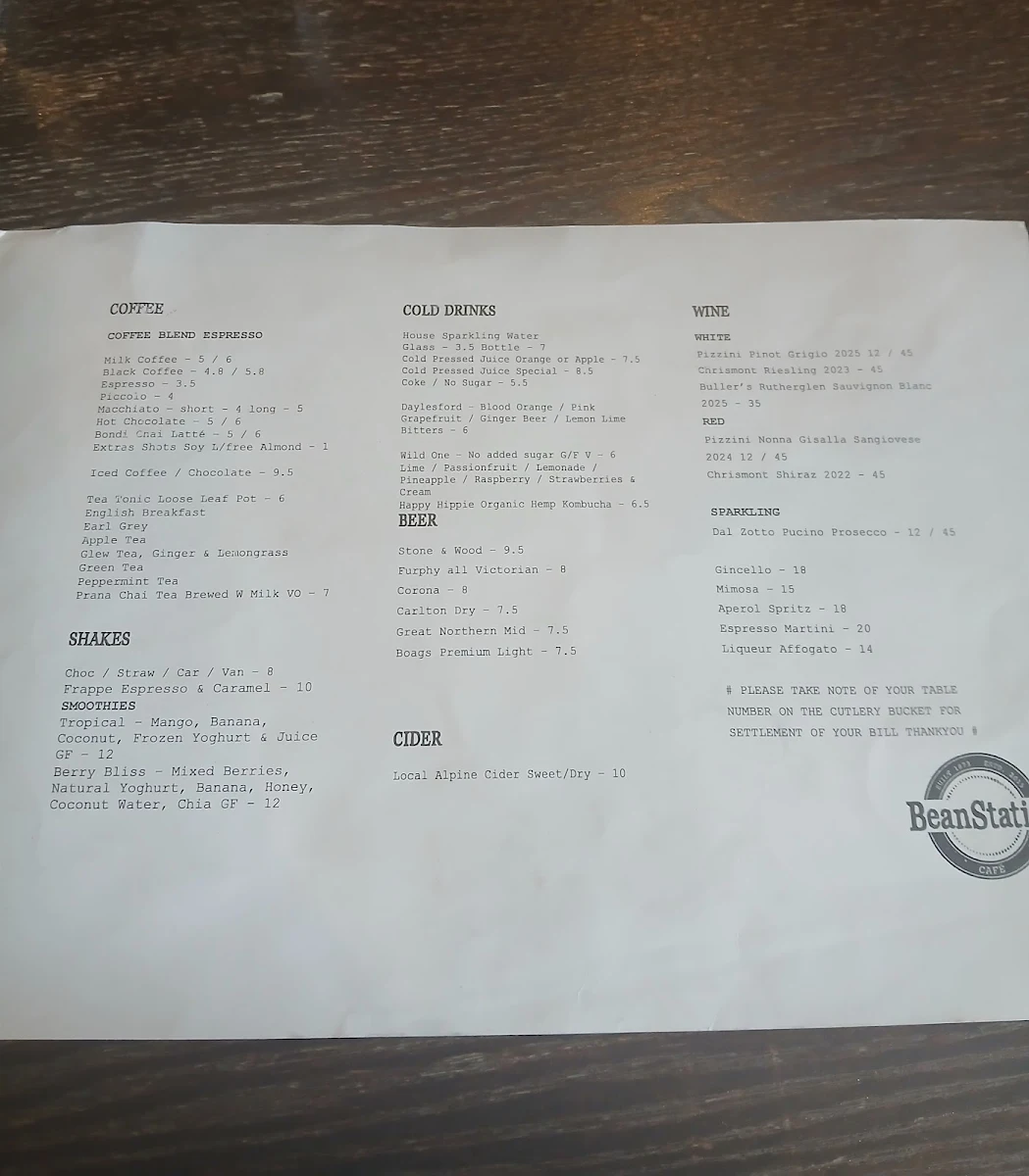 Menu, BeanStation Cafe