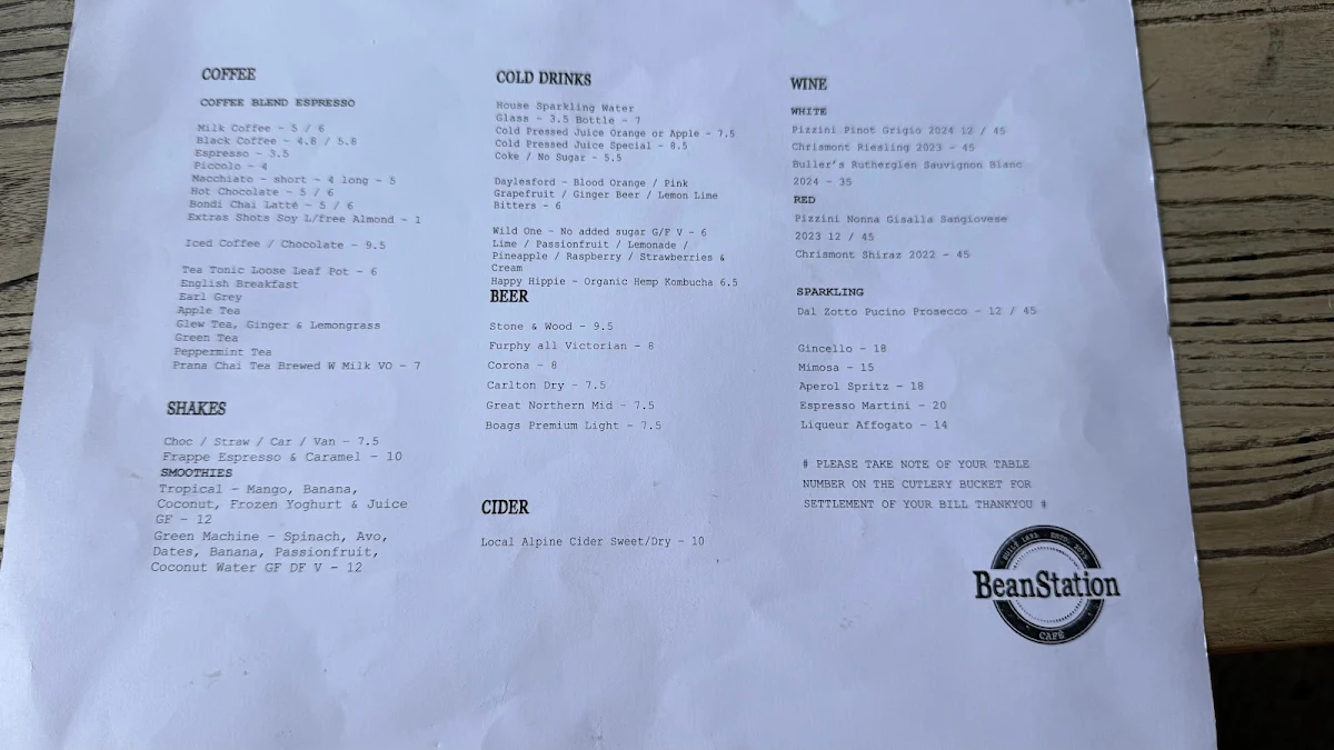 Menu, BeanStation Cafe