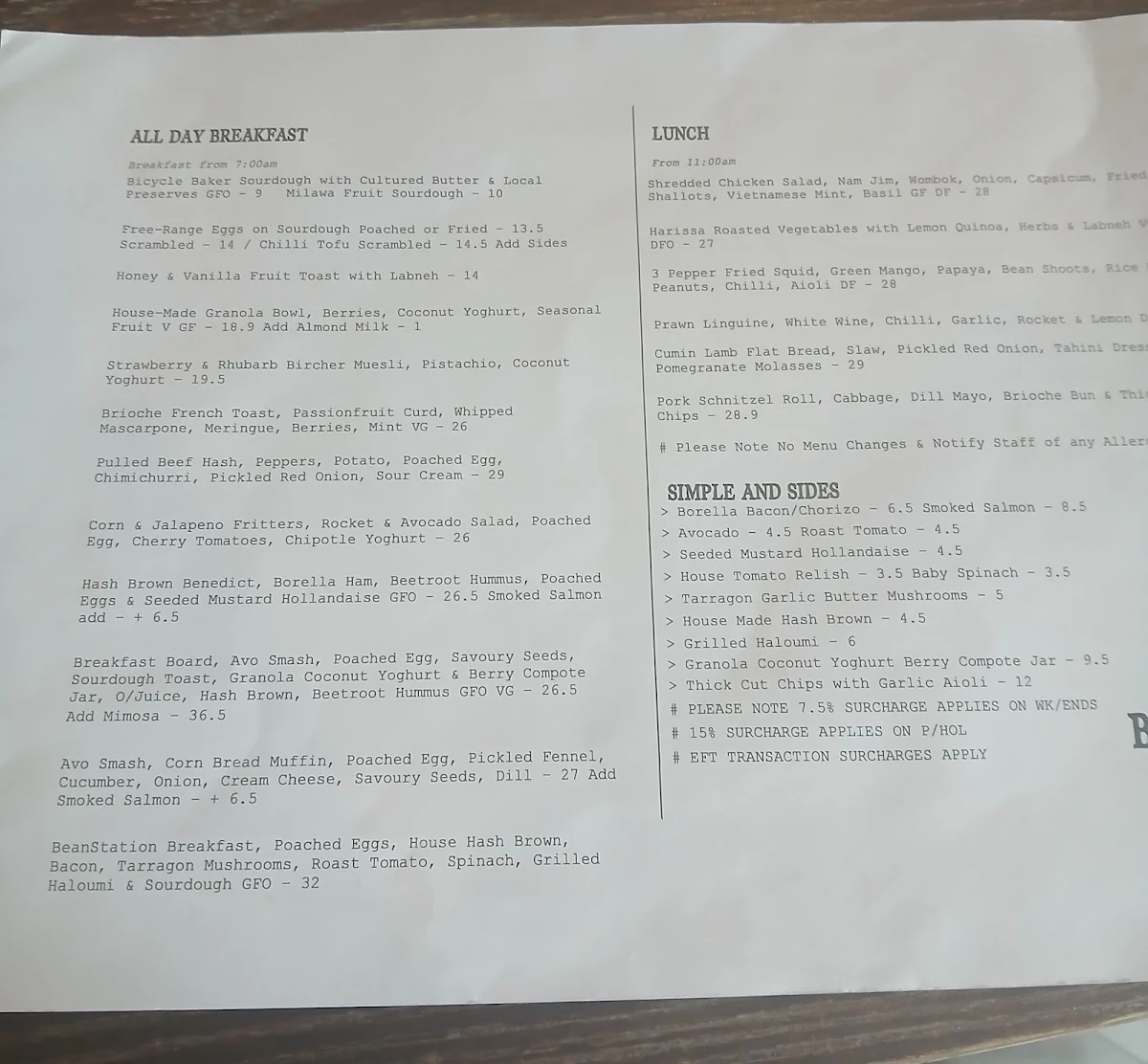Menu, BeanStation Cafe