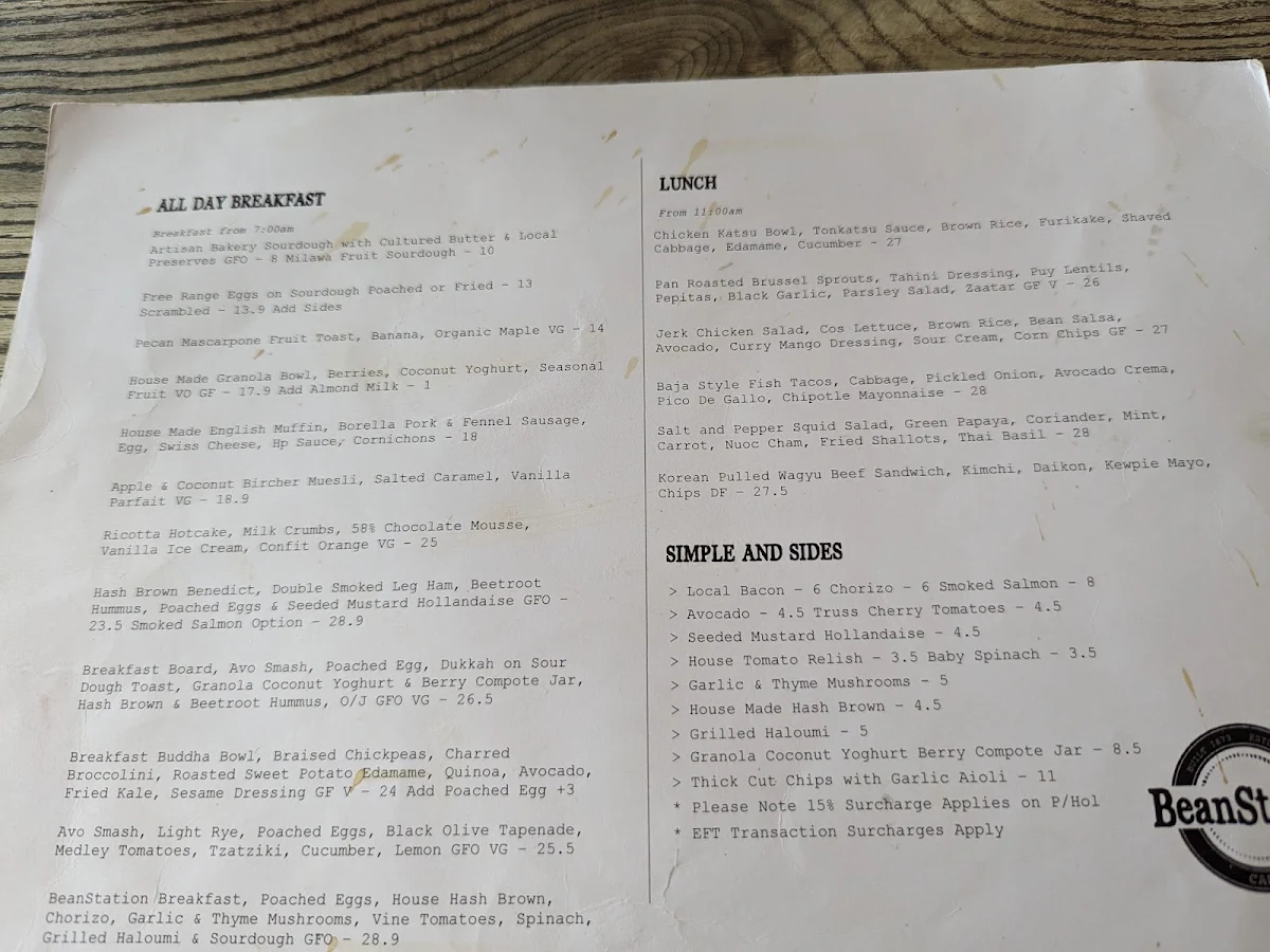 Menu, BeanStation Cafe