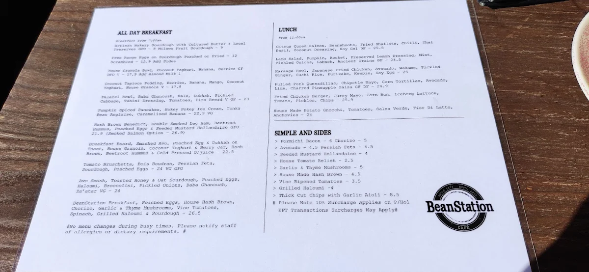Menu, BeanStation Cafe