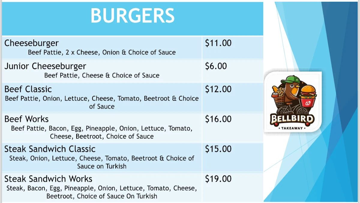 Menu, Bellbird Takeaway