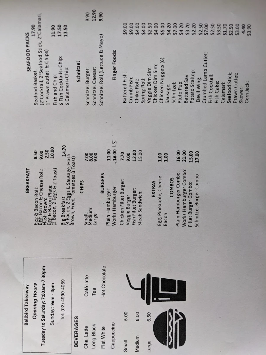 Menu, Bellbird Takeaway