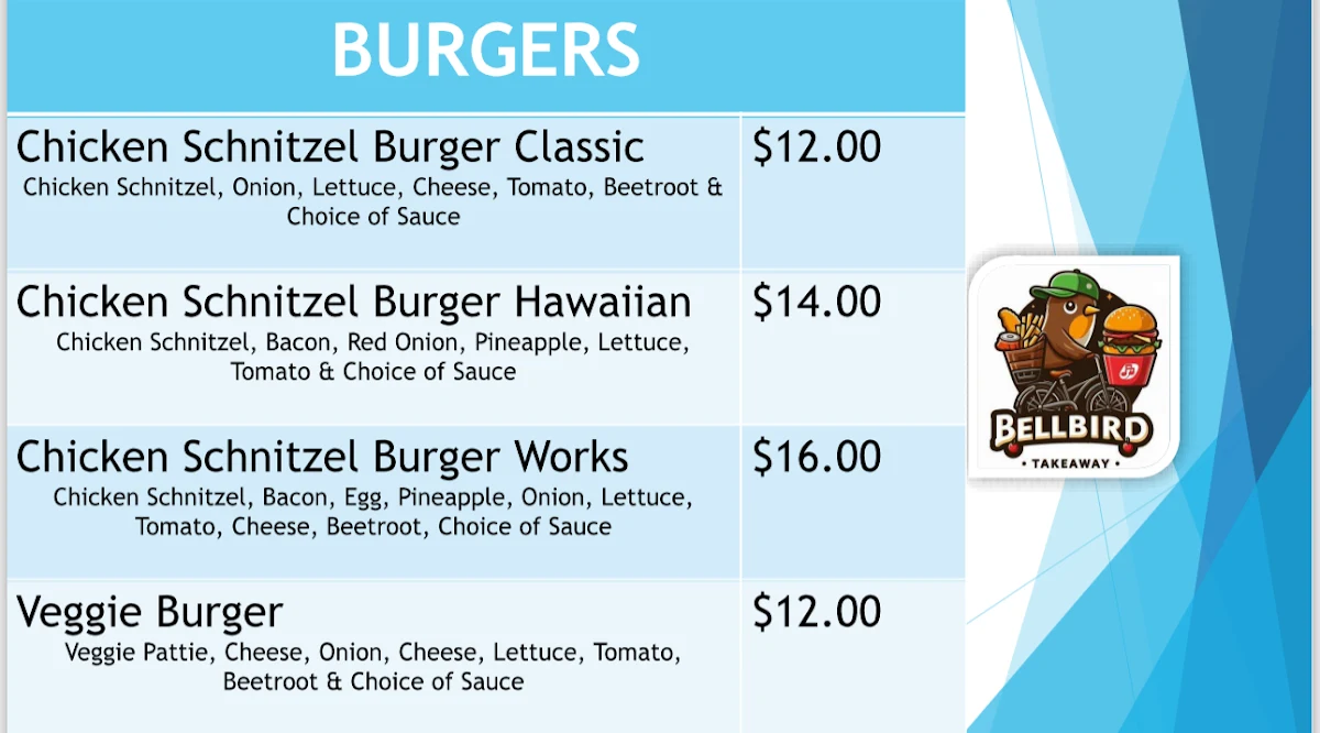 Menu, Bellbird Takeaway