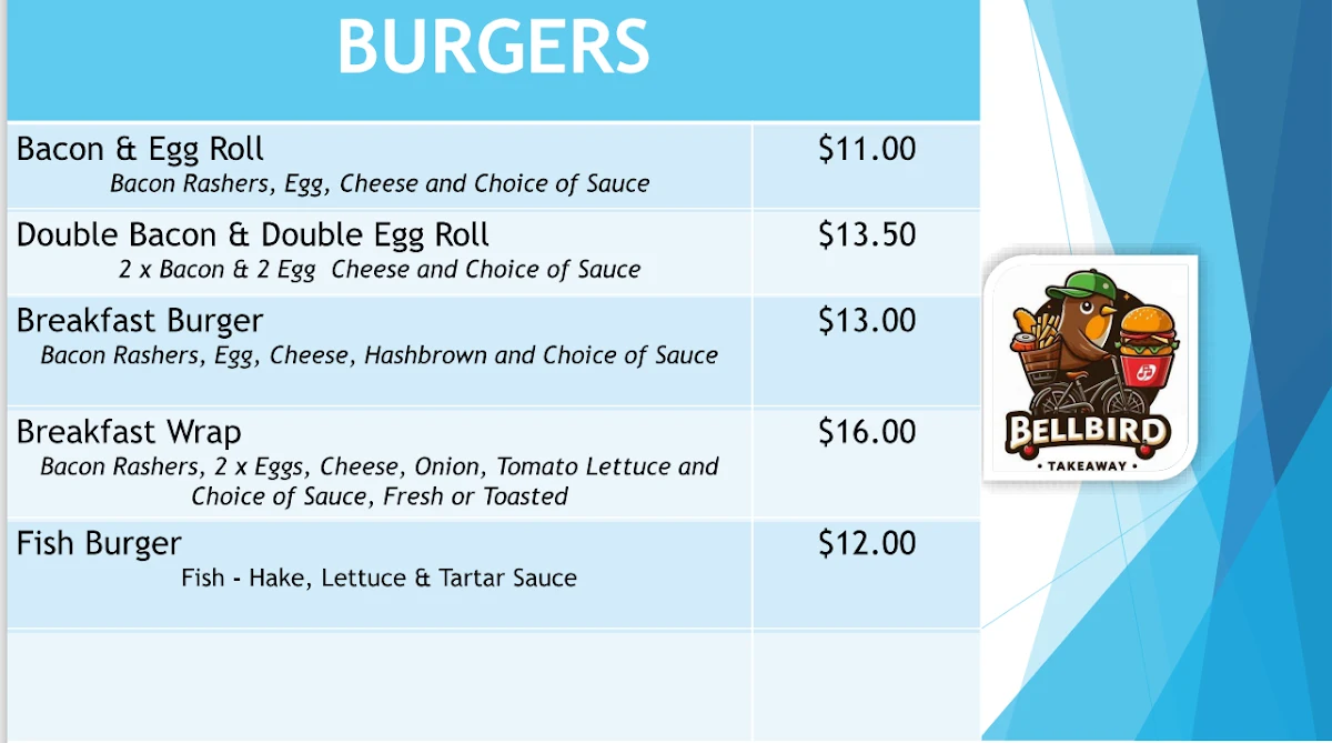 Menu, Bellbird Takeaway