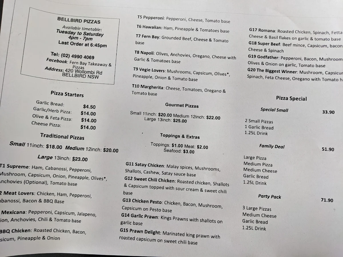 Menu, Bellbird Takeaway