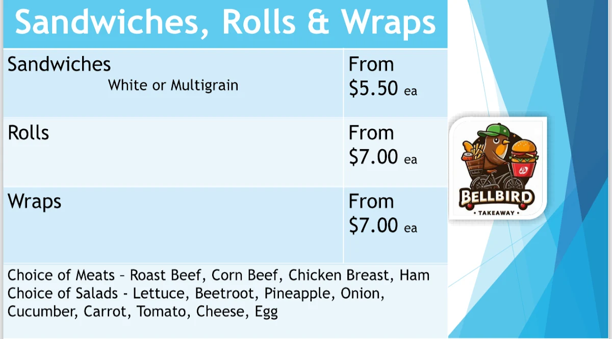 Menu, Bellbird Takeaway