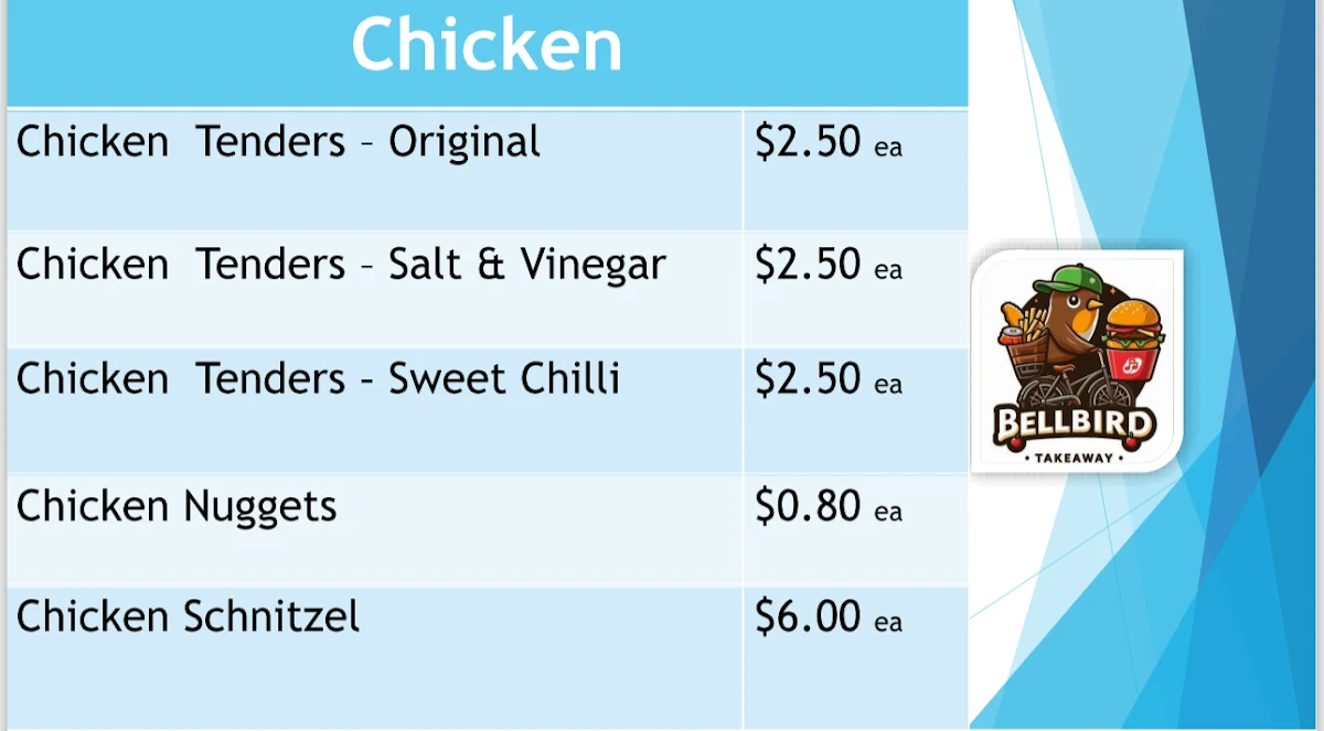 Menu, Bellbird Takeaway