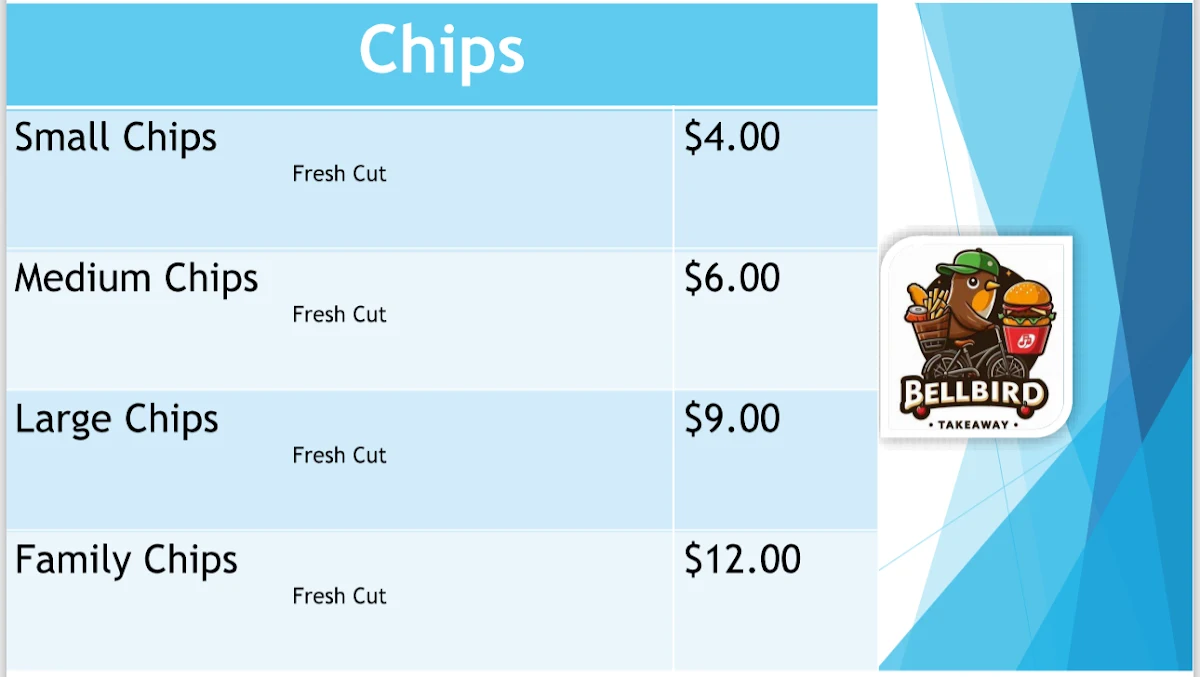 Menu, Bellbird Takeaway