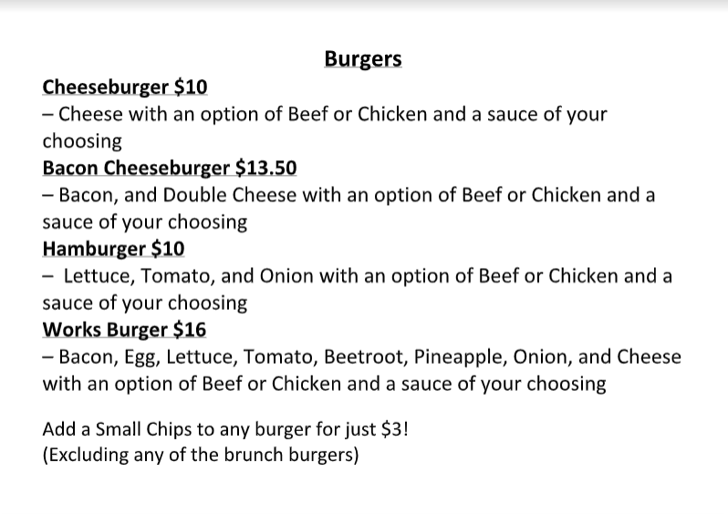 Menu, Bellbird Takeaway