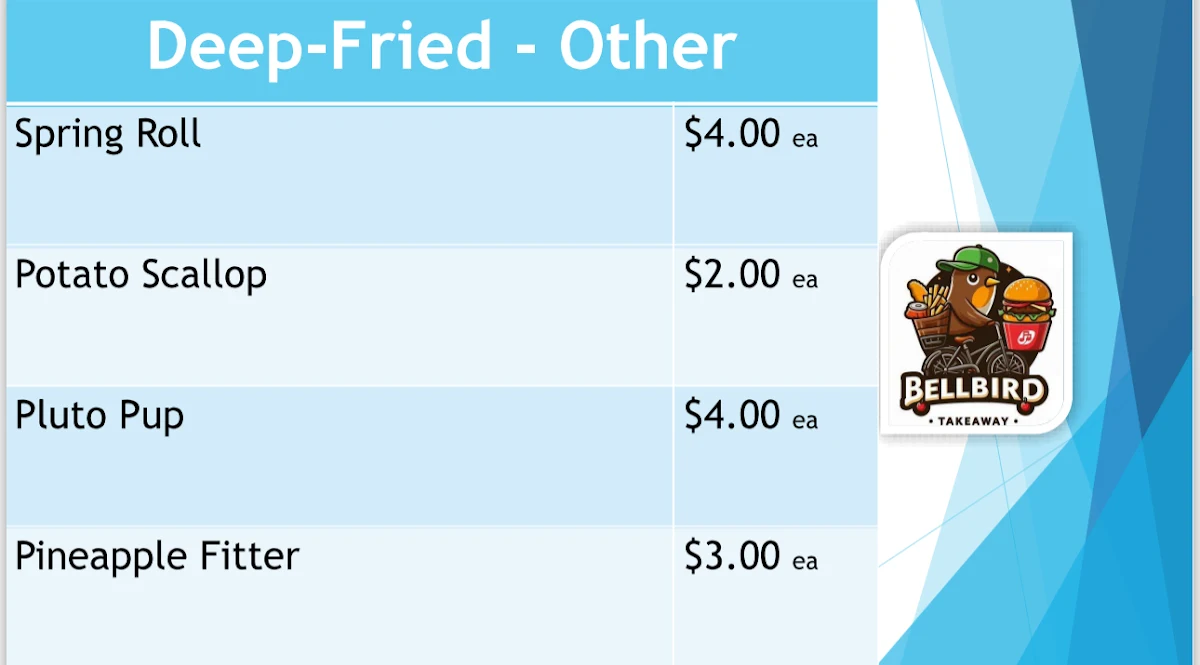Menu, Bellbird Takeaway