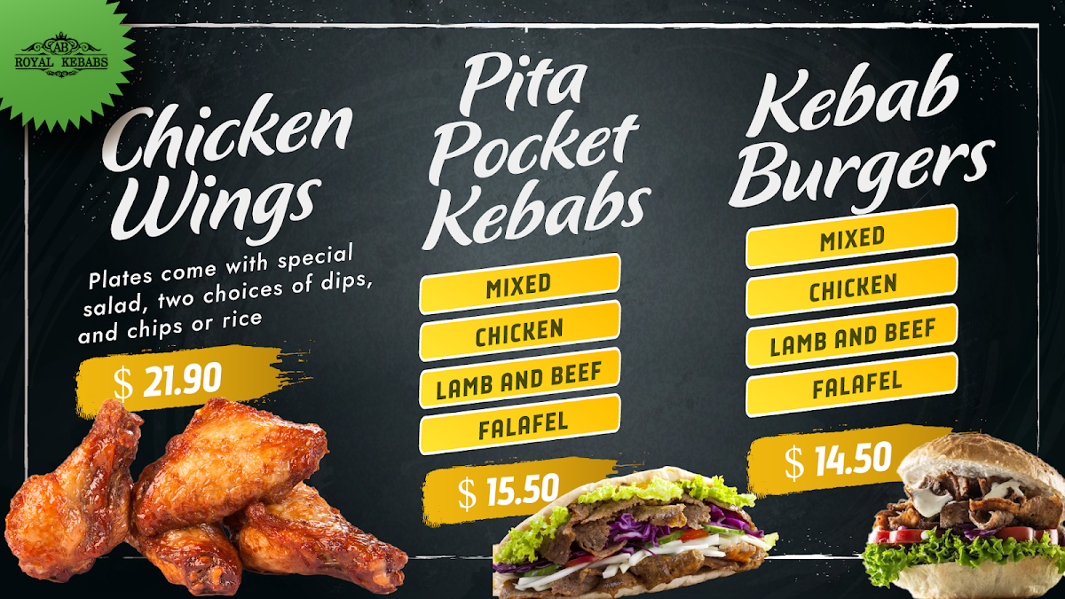 Menu, AB ROYAL KEBABS AND PIZZA