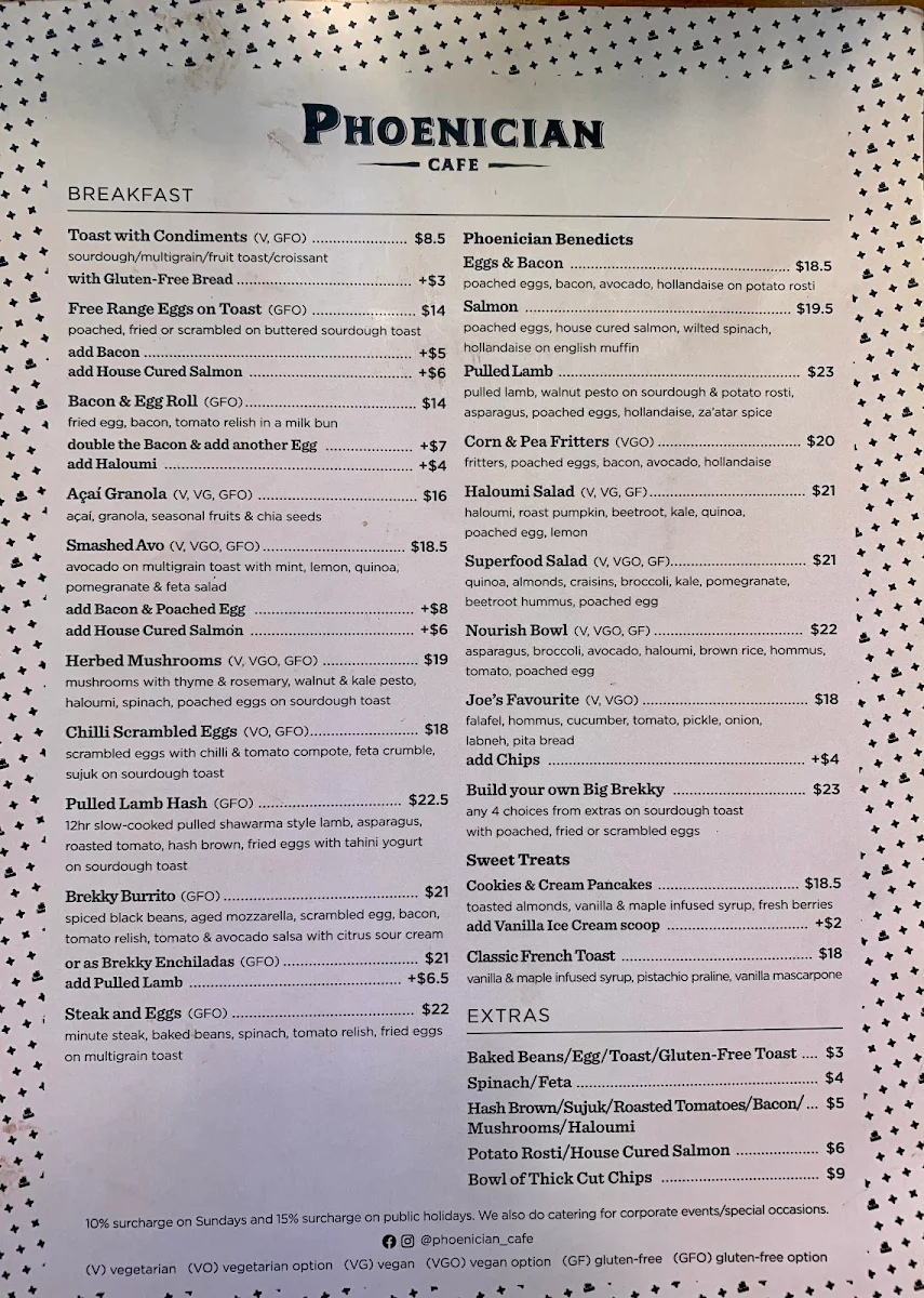 Menu, Phoenician Cafe
