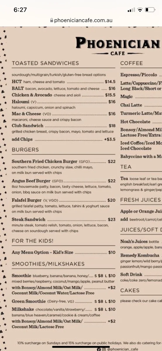 Menu, Phoenician Cafe