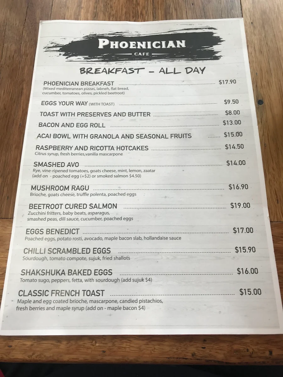 Menu, Phoenician Cafe
