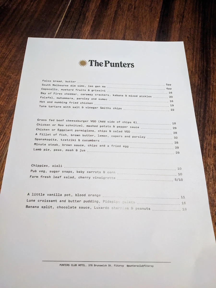 Menu, Punters Club