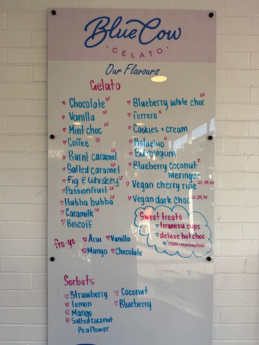 Menu, Blue Cow Gelato Port Macquarie