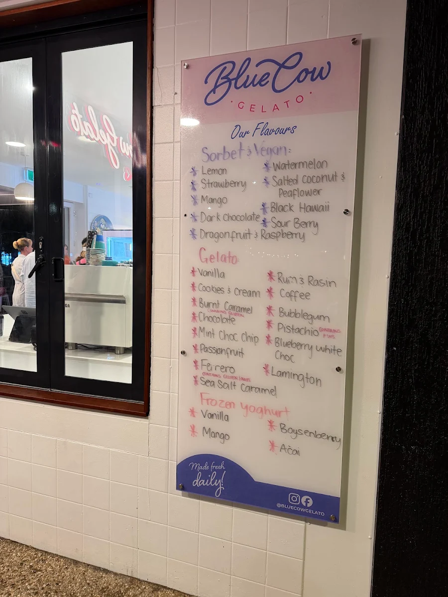 Menu, Blue Cow Gelato Port Macquarie