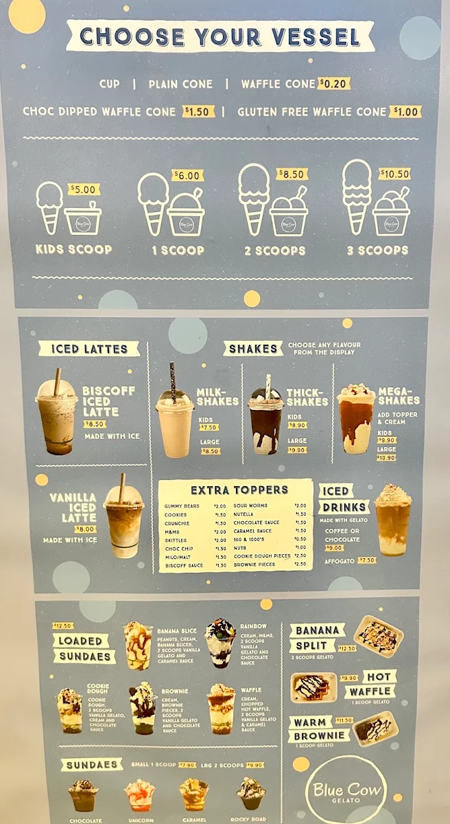 Menu, Blue Cow Gelato Port Macquarie