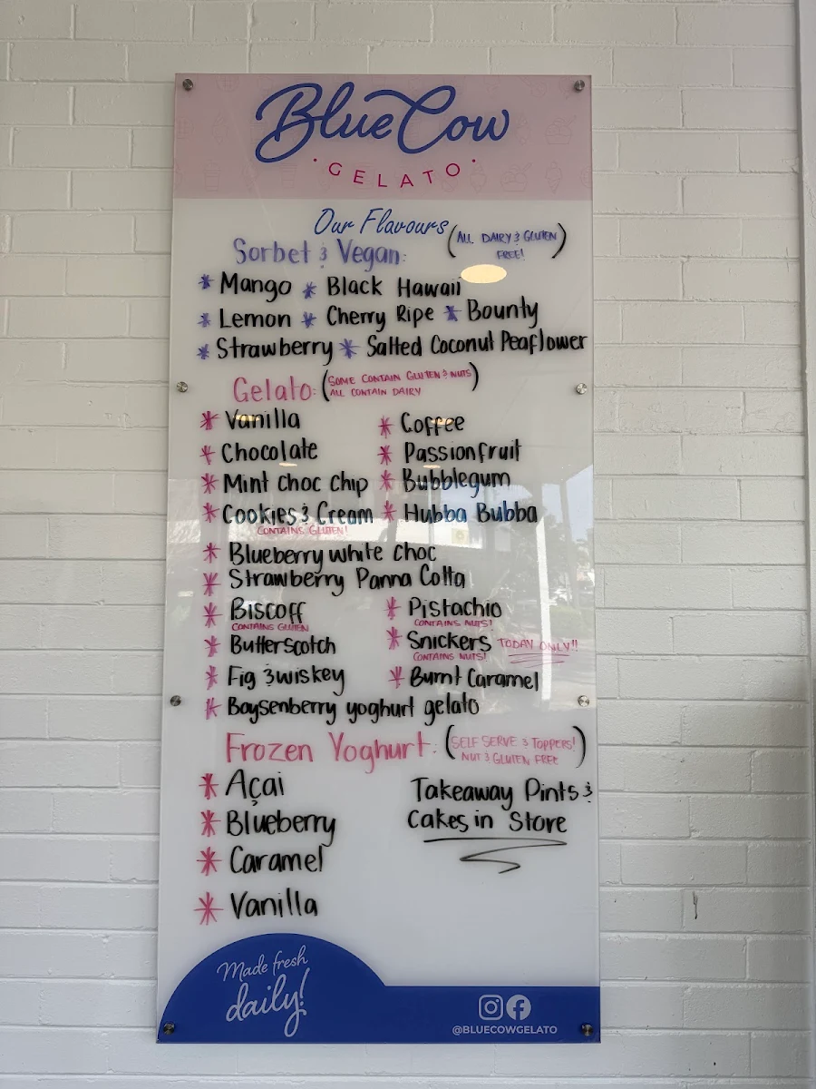 Menu, Blue Cow Gelato Port Macquarie