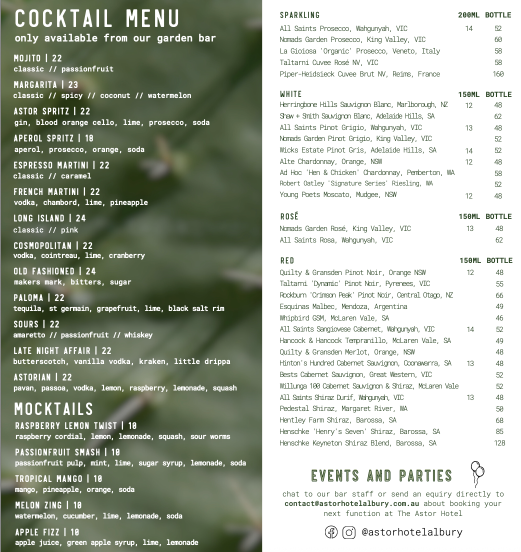 Menu, Astor Hotel Albury