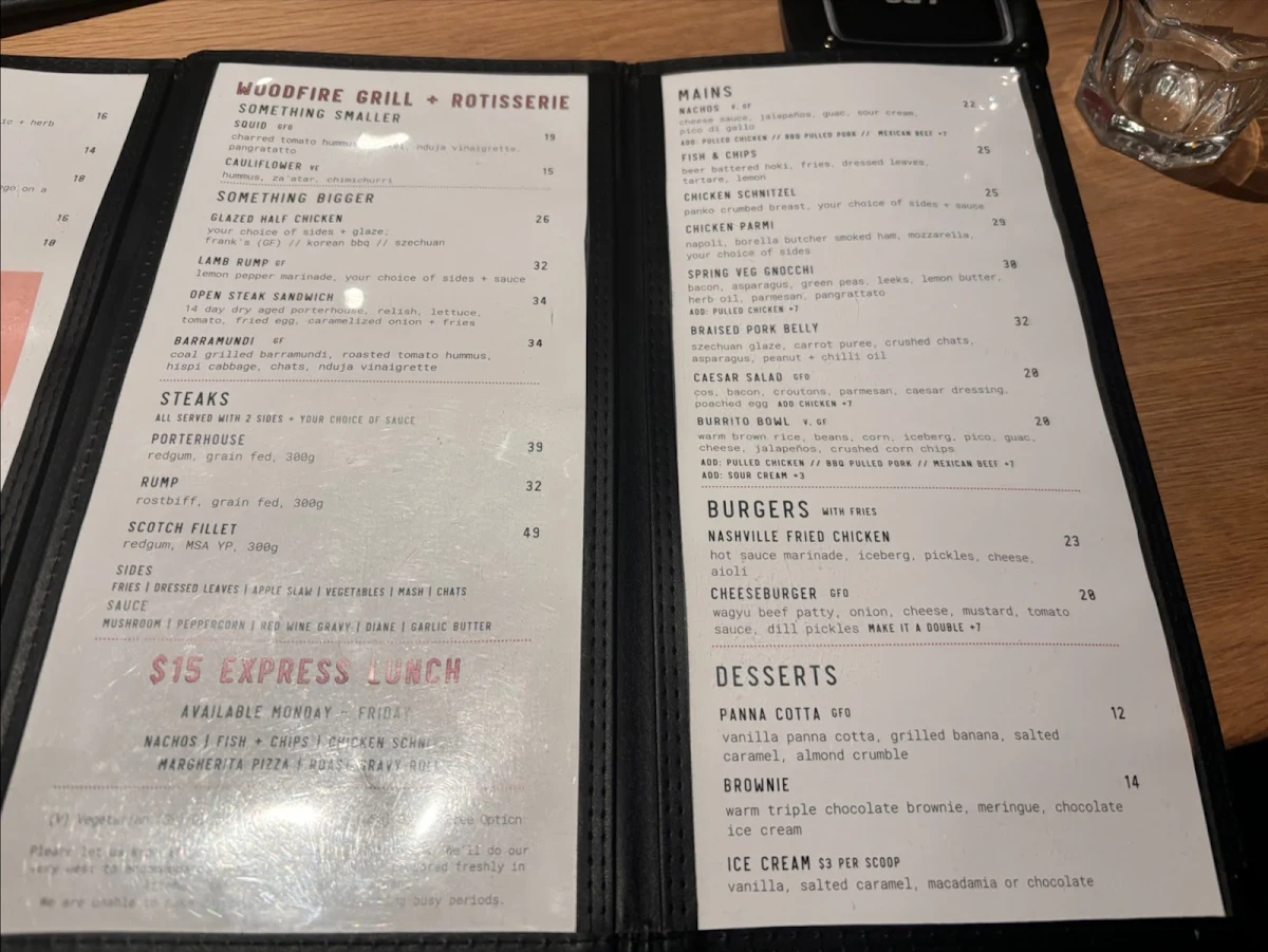 Menu, Astor Hotel Albury