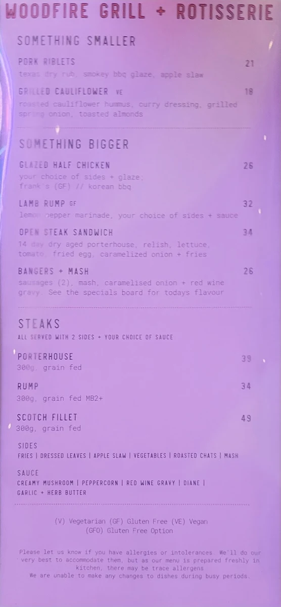 Menu, Astor Hotel Albury