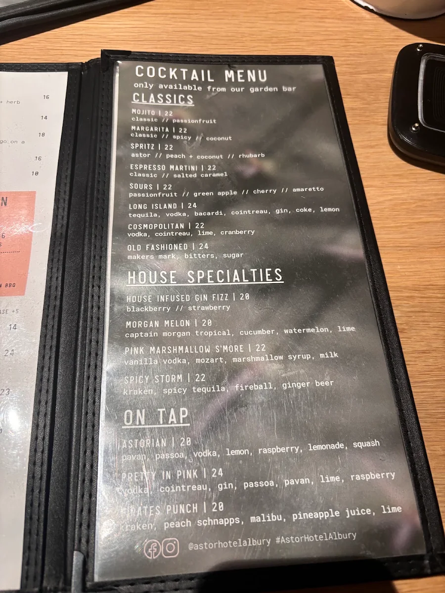 Menu, Astor Hotel Albury