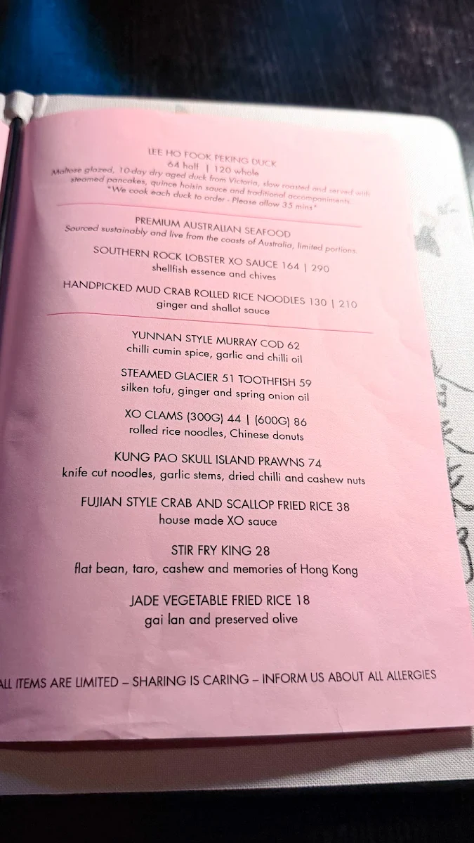 Menu, Lee Ho Fook Sydney