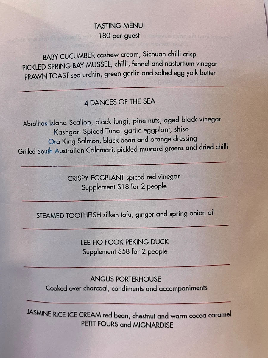 Menu, Lee Ho Fook Sydney