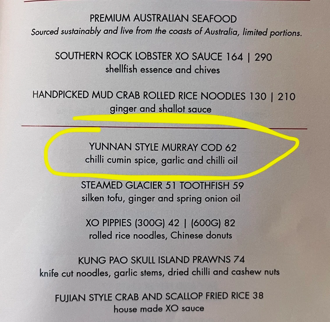 Menu, Lee Ho Fook Sydney
