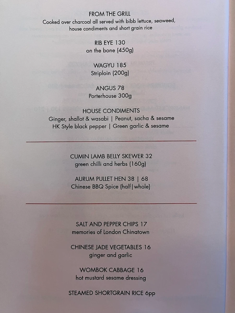 Menu, Lee Ho Fook Sydney