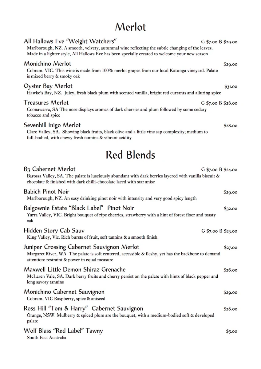 Menu, Cobram Hotel