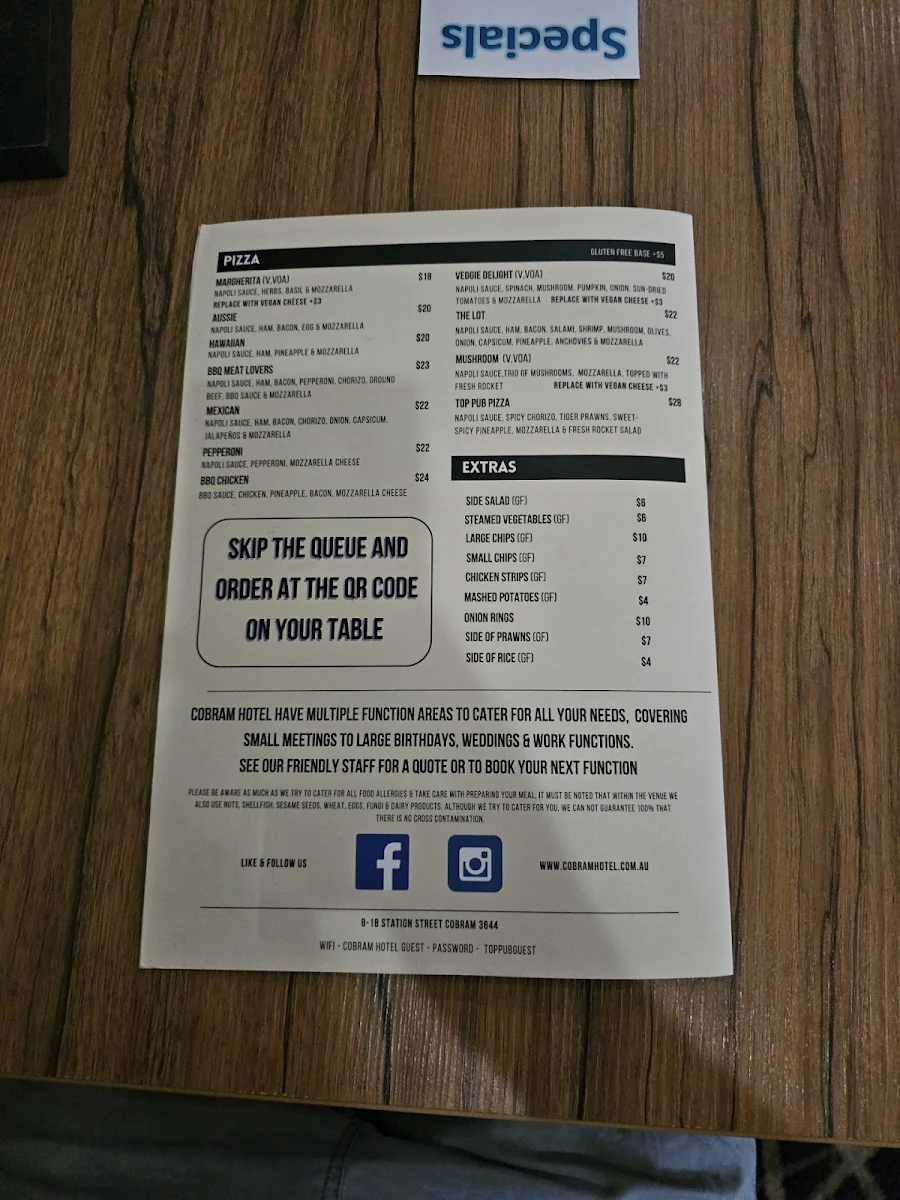 Menu, Cobram Hotel