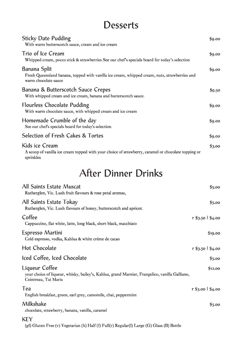 Menu, Cobram Hotel